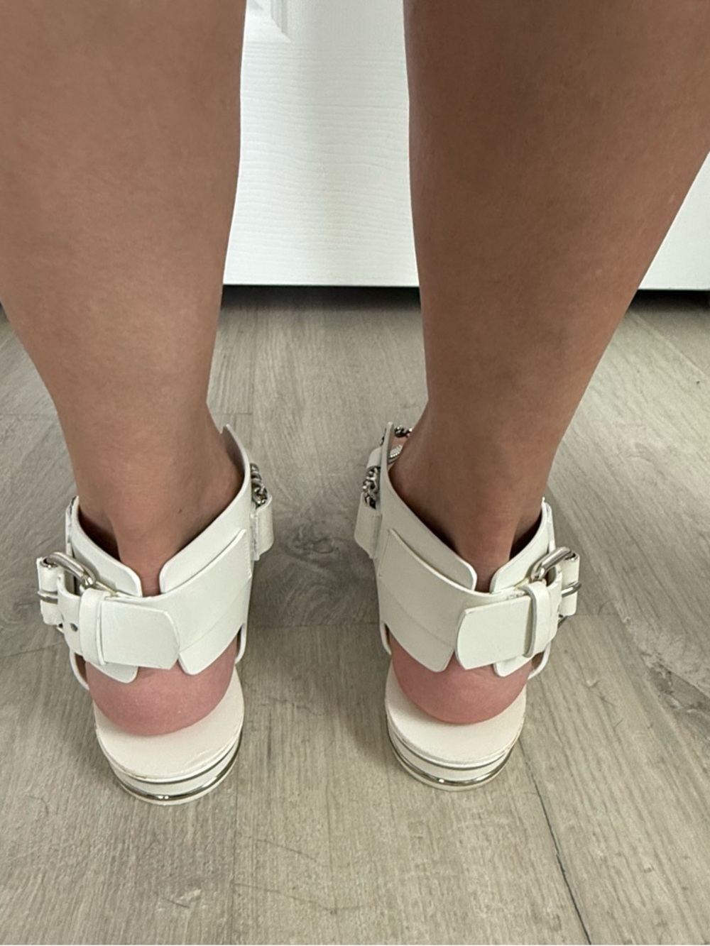 White Chain-Accent Casadei Women's T-Strap Sandals - Picture 7 of 17